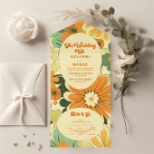 Groovy Boho Retro Bloemen Bruiloft All In One Uitnodiging