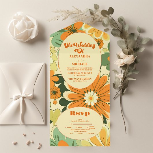 Groovy Boho Retro Bloemen Bruiloft All In One Uitnodiging