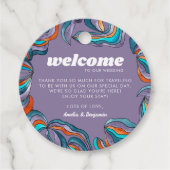 Groovy Boho Retro Paarse Monogram Wavy Bruiloft Bedankjes Labels (Voorkant)