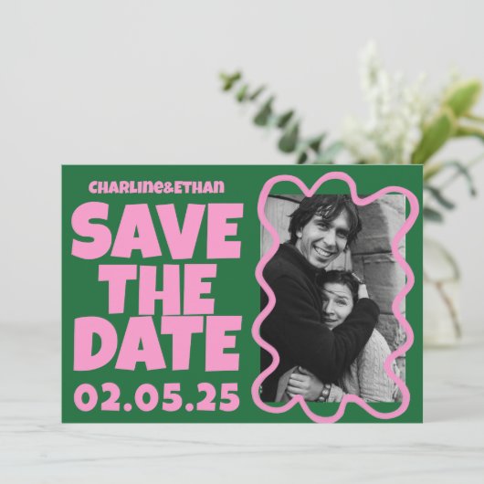 Groovy Bold Groen Roze Rood Funky Save The Date (Staand voorkant)