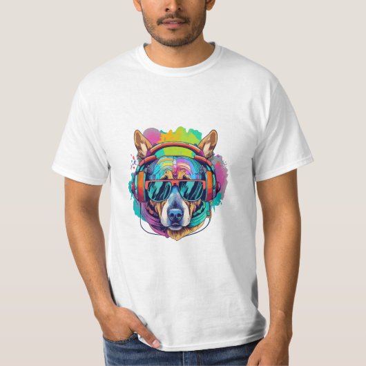 Groovy Canine Vibes: Cool Dog met Hoofdtelefoon T-shirt (Voorkant)