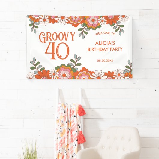Groovy Classic Hippie Flora Leaf Verjaardag Spandoek (Insitu)