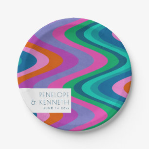 Groovy Colorful Green Paars Retro Wedding Custom Papieren Bordje