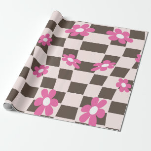 Groovy Daisy Floral Checkerboard, Y2K 90s Cadeaupapier