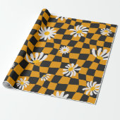 Groovy Daisy Floral Checkerboard, Y2K 90s Cadeaupapier (Uitgerold)