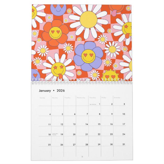 Groovy Daisy Floral Checkerboard, Y2K 90s Kalender (Jan 2026)