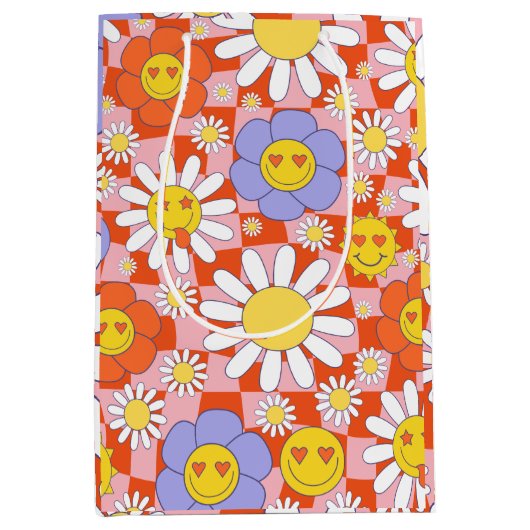Groovy Daisy Floral Checkerboard, Y2K 90s Medium Cadeauzakje (Voorkant)