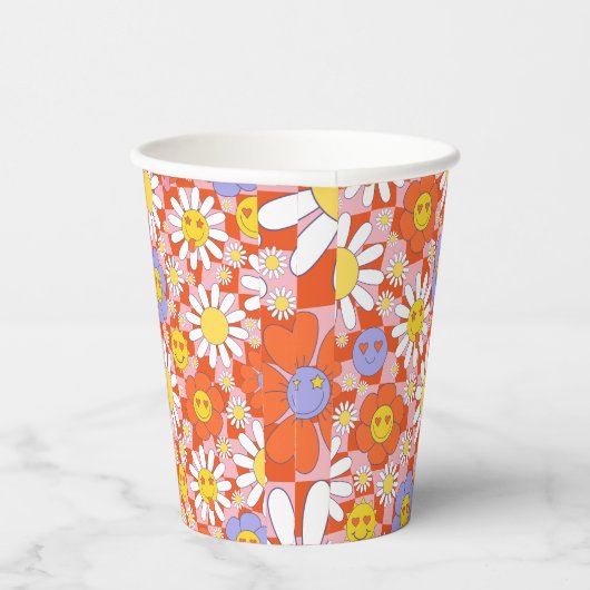 Groovy Daisy Floral Checkerboard, Y2K 90s Papieren Bekers (Rechts)