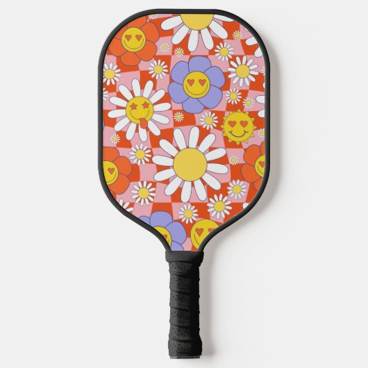 Groovy Daisy Floral Checkerboard, Y2K 90s Pickleball Paddle (Voorkant)
