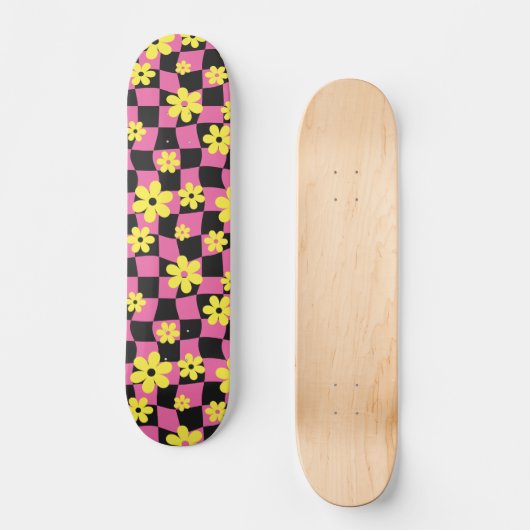 Groovy Daisy Floral Checkerboard, Y2K 90s Skateboard (Voorkant)