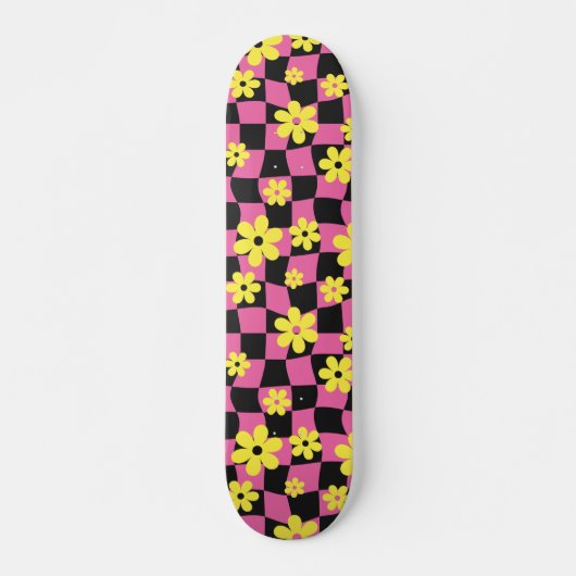Groovy Daisy Floral Checkerboard, Y2K 90s Skateboard (Voorkant)