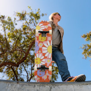 Groovy Daisy Floral Checkerboard, Y2K 90s Skateboard