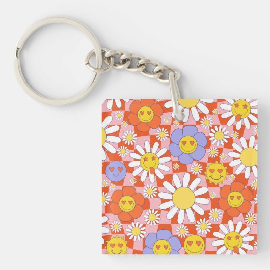 Groovy Daisy Floral Checkerboard, Y2K 90s Sleutelhanger (voorkant)