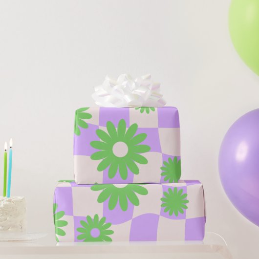Groovy Daisy Floral Checkerboard, Y2K 90s Wrappin Cadeaupapier (Feestgeschenken)
