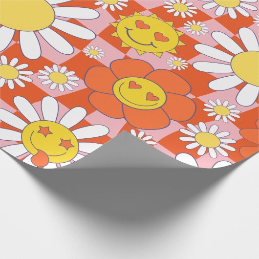 Groovy Daisy Floral Checkerboard, Y2K 90s Wrappin Cadeaupapier (Hoek)