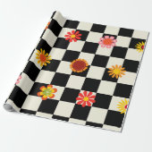 Groovy Daisy Floral Checkerboard, Y2K Cadeaupapier (Uitgerold)