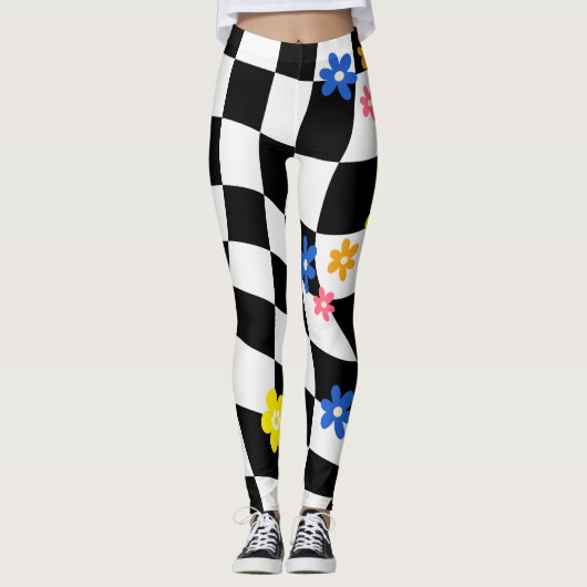 Groovy Daisy Floral Heart Checkerboard, Y2K 90s Leggings (Voorkant)