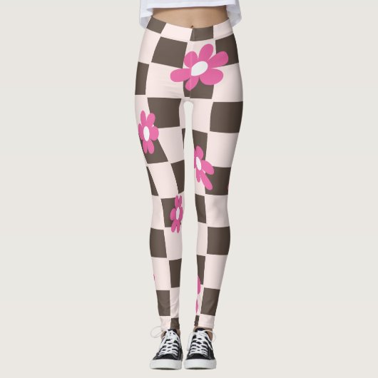 Groovy Daisy Floral Heart Checkerboard, Y2K 90s Leggings (Voorkant)