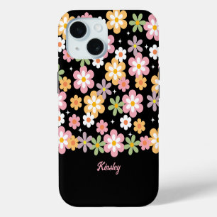 Groovy Daisy-patroon met naam Zwart iPhone 15 Hoesje