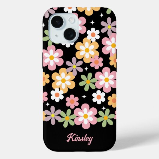 Groovy Daisy Pattern w / Naam Zwart Case-Mate iPhone Case (Achterkant)