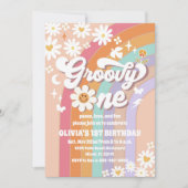 Groovy Daisy Rainbow 1e verjaardagsuitnodiging Kaart (Voorkant)