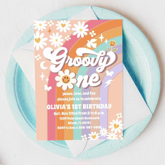Groovy Daisy Rainbow 1e verjaardagsuitnodiging Kaart