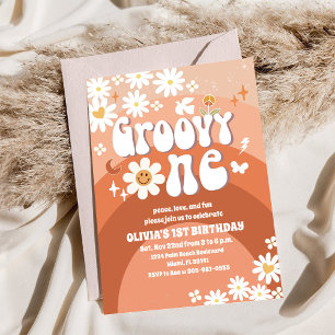 Groovy Daisy Retro 1e Verjaardagsuitnodiging Kaart