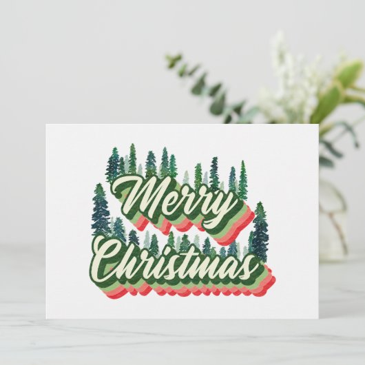 Groovy dennenbomen Landschap Retro Foto Kerstmis Feestdagenkaart (Staand voorkant)