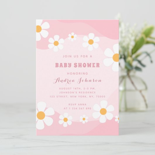 Groovy Dusty Pink Retro Daisy Floral Baby shower Kaart (Staand voorkant)