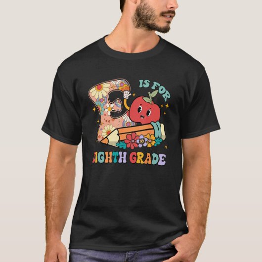 Groovy E Is For Eighth Grade Teacher Student Back  T-shirt (Voorkant)