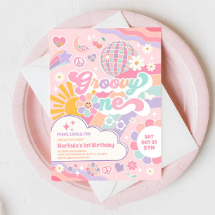 Groovy Eén Disco Regenboog Zon 1e Verjaardag Kaart