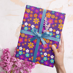 Groovy Eén Kleurrijke Retro Bloemige Verjaardag Cadeaupapier