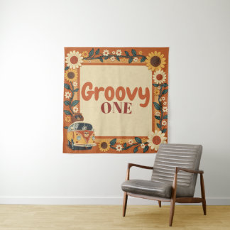 Groovy Eén Leeuw Verjaardag Retro 70s Eerste Verja Wandkleed