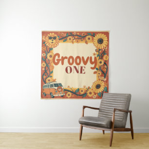 Groovy Eén Leeuw Verjaardag Retro 70s Eerste Verja Wandkleed