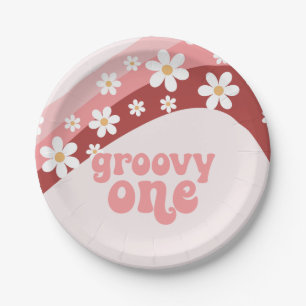 Groovy Eén Retro madelief boho bloem eerste verjaa Papieren Bordje