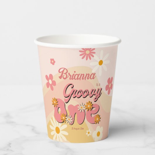 Groovy een retro madeliefje 1e verjaardag geprint papieren bekers (Achterkant)