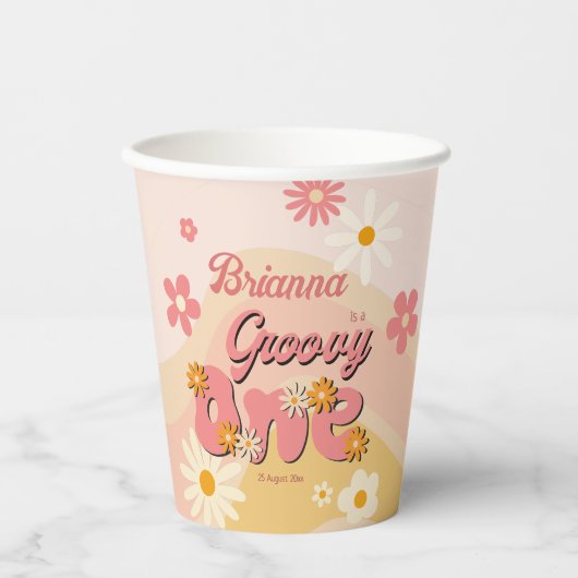 Groovy een retro madeliefje 1e verjaardag geprint papieren bekers (Voorkant)