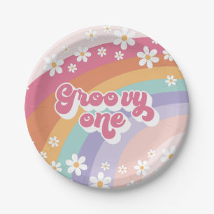 Groovy Eén Retro Regenboog 1e Verjaardag Papieren Bordje