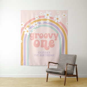 Groovy Eerste Pastel regenboog 1e verjaardag Banne Wandkleed