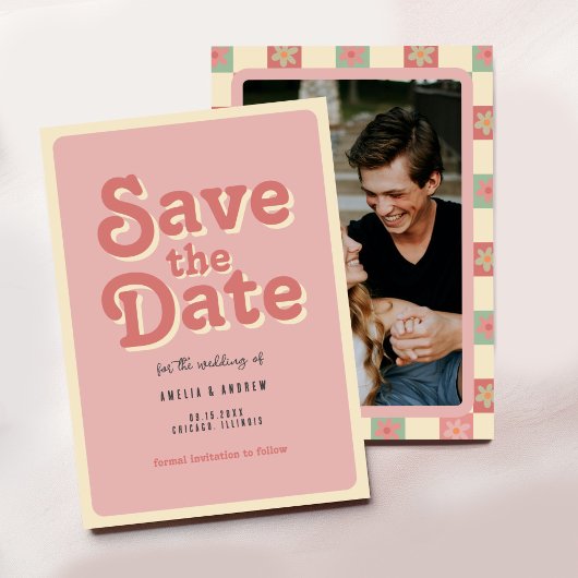 Groovy en Retro 70s bruiloft Save The Date