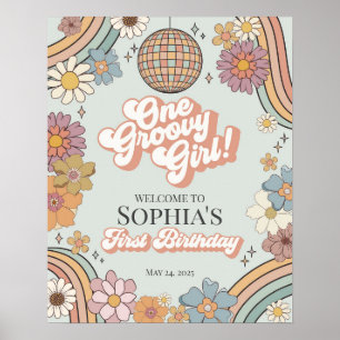 Groovy Floral 1e Verjaardag Retro Welkomstbord Poster