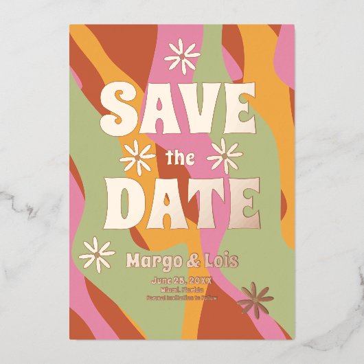 Groovy Florals Save the Date Ppress Folie Uitnodiging (Voorkant)