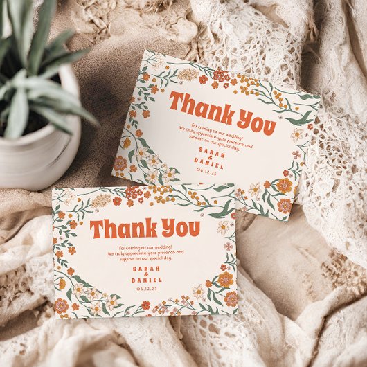 Groovy Florar Retro bruiloft Bedankkaart