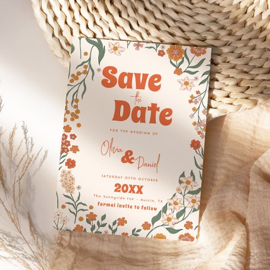 Groovy Florar  Retro bruiloft Save The Date