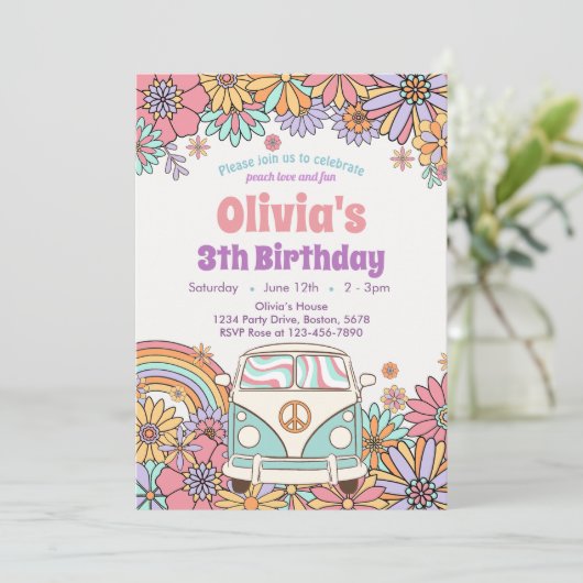 Groovy Flower Boho Retro Verjaardagsuitnodiging Kaart (Staand voorkant)