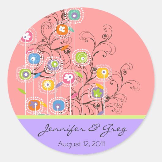 Groovy Flower Garden Save-the-Date / Cadeau / TQ / Ronde Sticker (Voorkant)