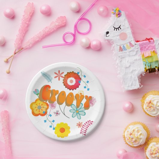 Groovy Flower Power Kleurrijk Roze Papieren Bordje (Feest)