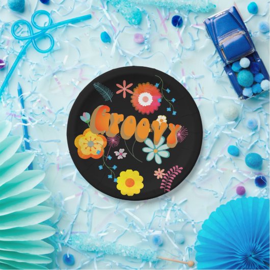 Groovy Flower Power Kleurrijk Zwart Papieren Bordje (Feest)