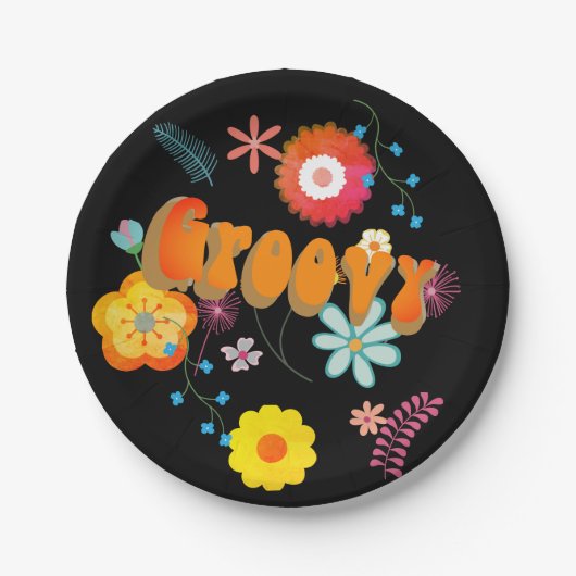 Groovy Flower Power Kleurrijk Zwart Papieren Bordje (Voorkant)