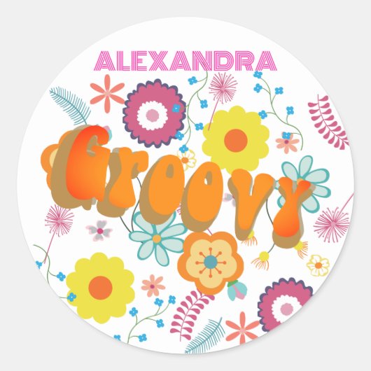 Groovy Flower Power Roze Wit Ronde Sticker (Voorkant)